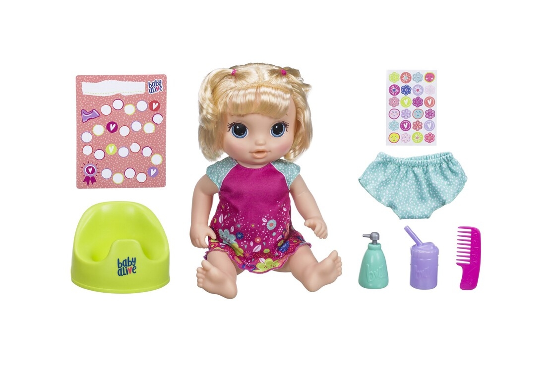 Interactive Baby Alive doll that speaks, drinks water, and goes potty. Doll comes with outfit, potty, water bottle, pretend soap dispenser, undies, comb, and rewards chart with stickers