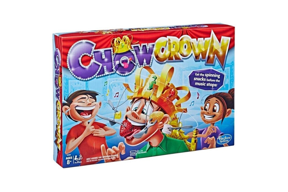 An interactive game, called Chow Crown, with electronic crown base, crown front, crown back, arm holder, 3 jewels, 6 crown arms, 6 fork arms, 6 plastic forks, and game guide