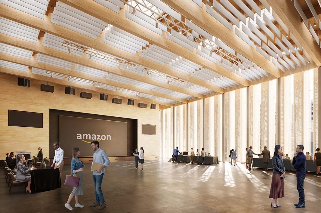 Image renderings showing the Met Park at Amazon's second headquarters in Arlington, Virginia.