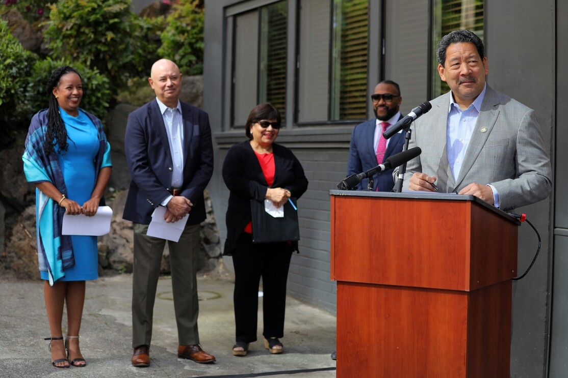 Leaders speak at Mount Baker Village, site of new affordable housing being built with support from Amazon's Housing Equity Fund