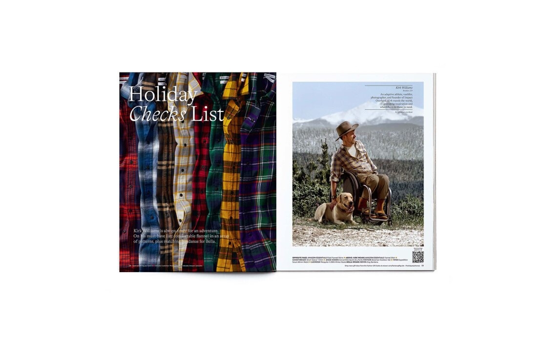 An image of two pages of a catalog. One page shows a selection of flannel shirts with text that reads "Holiday Check List" and the other is a man who is in a wheelchair wearing a flannel shirt petting his dog.