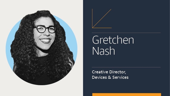 Amazon devices employee bio card of Gretchen Nash. 