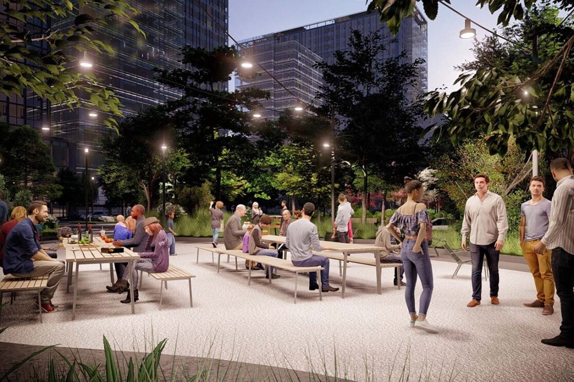 Image renderings showing the Met Park at Amazon's second headquarters in Arlington, Virginia.