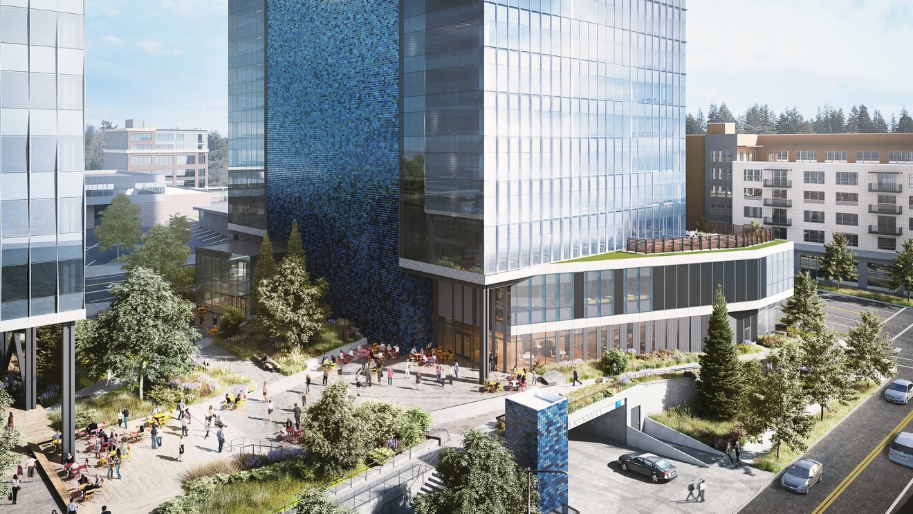 Rendering of new building in Bellevue, WA, which Amazon has rented to expand employee workspaces. 