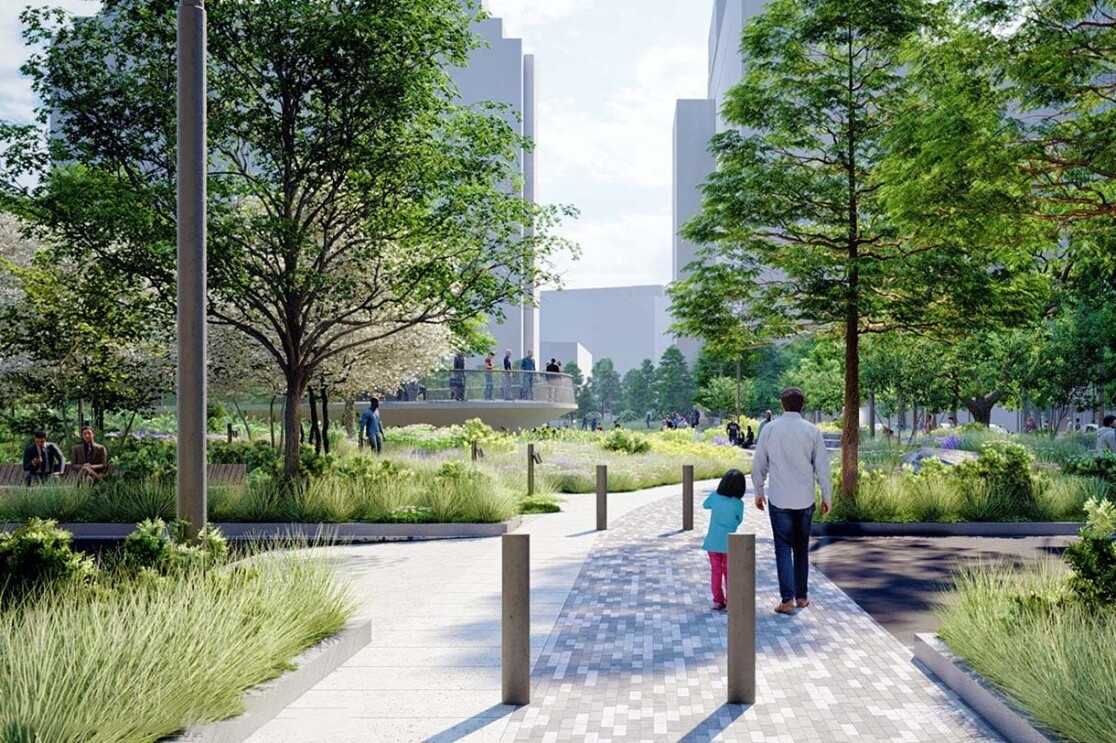 Image renderings showing the Met Park at Amazon's second headquarters in Arlington, Virginia.