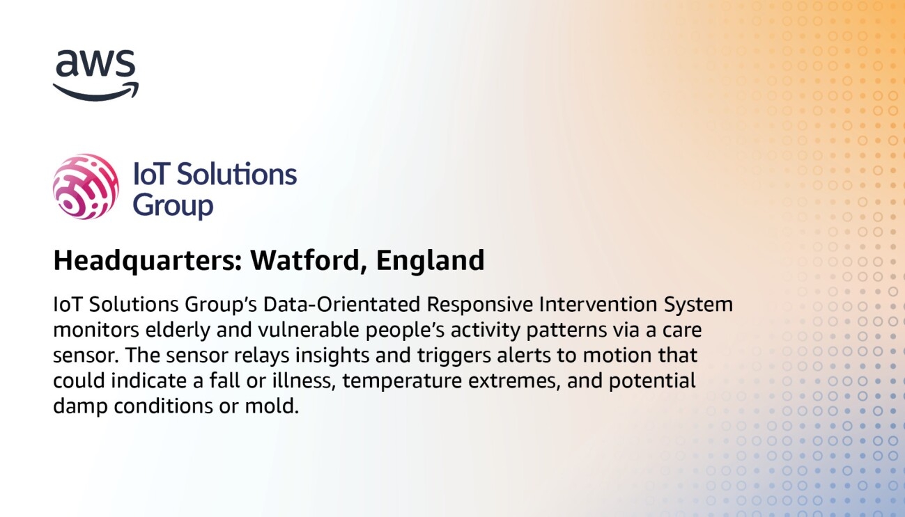 An infographic for IoT Solutions Group, which states, "IoT Solutions Group’s Data-Orientated Responsive Intervention System monitors elderly and vulnerable people’s activity patterns via a care sensor. The sensor relays insights and triggers alerts to motion that could indicate a fall or illness, temperature extremes, and potential damp conditions or mold."