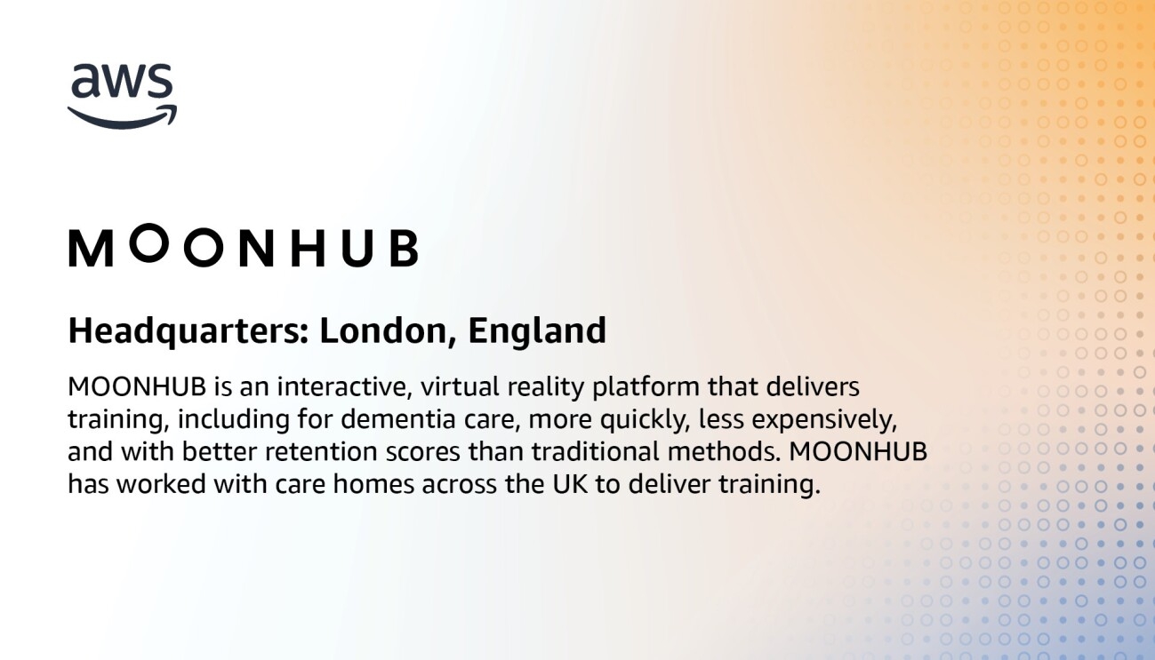 An infographic for MOONHUB, which states, "MOONHUB is an interactive, virtual reality platform that delivers training, including for dementia care, more quickly, less expensively, and with better retention scores than traditional methods. MOONHUB has worked with care homes across the UK to deliver training."