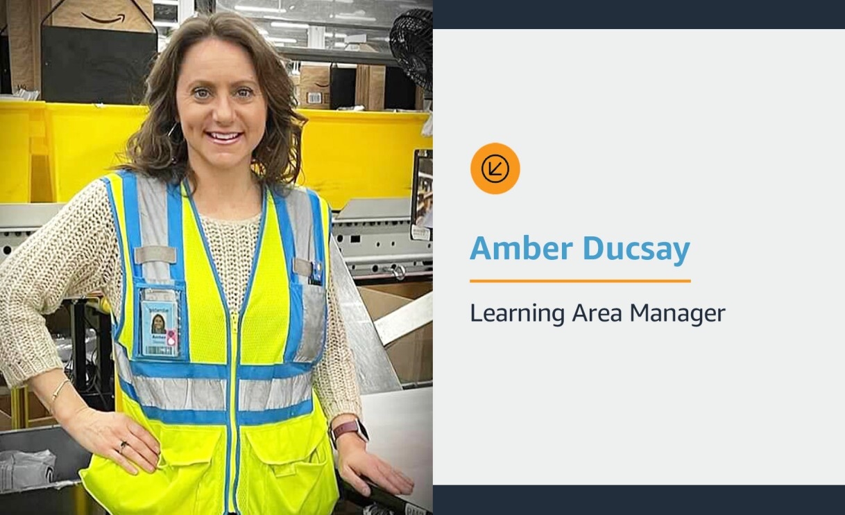 A gallery of images of Amber. First image, Amber works in a fulfillment center and wears a yellow safety vest, second image, Amber poses with her dog and friend, third image, Amber is dressed up for a wedding and looks and smiles at her date who is in a tux.