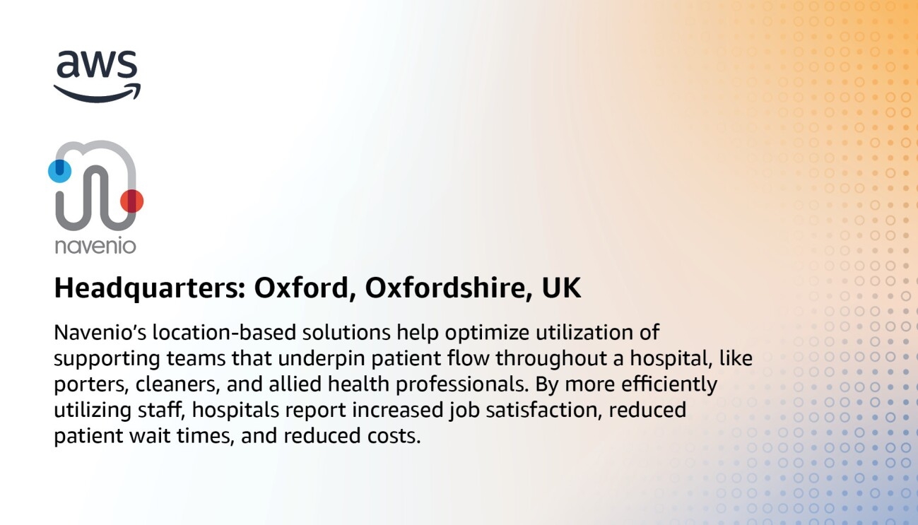 An infographic for navenjo, which states, "Navenio’s location-based solutions help optimize utilization of supporting teams that underpin patient flow throughout a hospital, like porters, cleaners, and allied health professionals. By more efficiently utilizing staff, hospitals report increased job satisfaction, reduced patient wait times, and reduced costs."