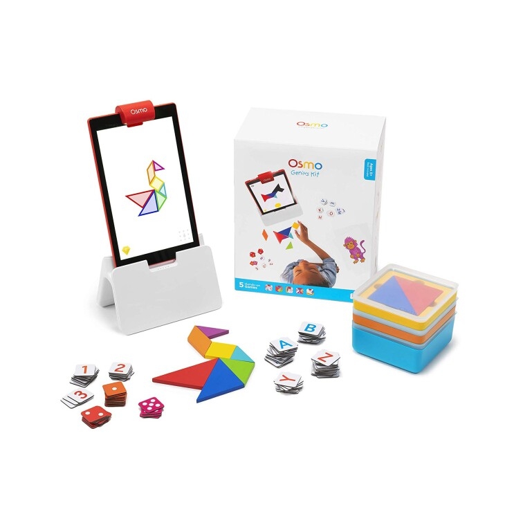 Osmo Genius Kit on white background. Kit includes Osmo Base for Fire Tablets, game pieces, and stackable storage containers.