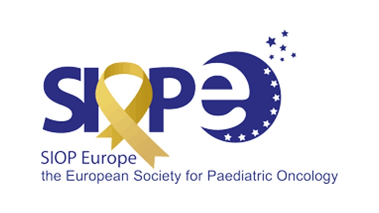 An image of the logo for the SIOP Europe. The logo has the acronym at the top, with a gold ribbon in place of the O. Below the acronym, the organization's name is spelled out to say "the European Society for Pediatric Oncology."