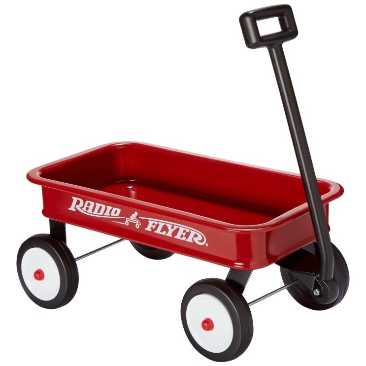 A toy version of the original Radio Flyer wagon with a real steel stamped body with no-scratch edges, working handle with front wheel steering and durable molded wheels for lasting quality.