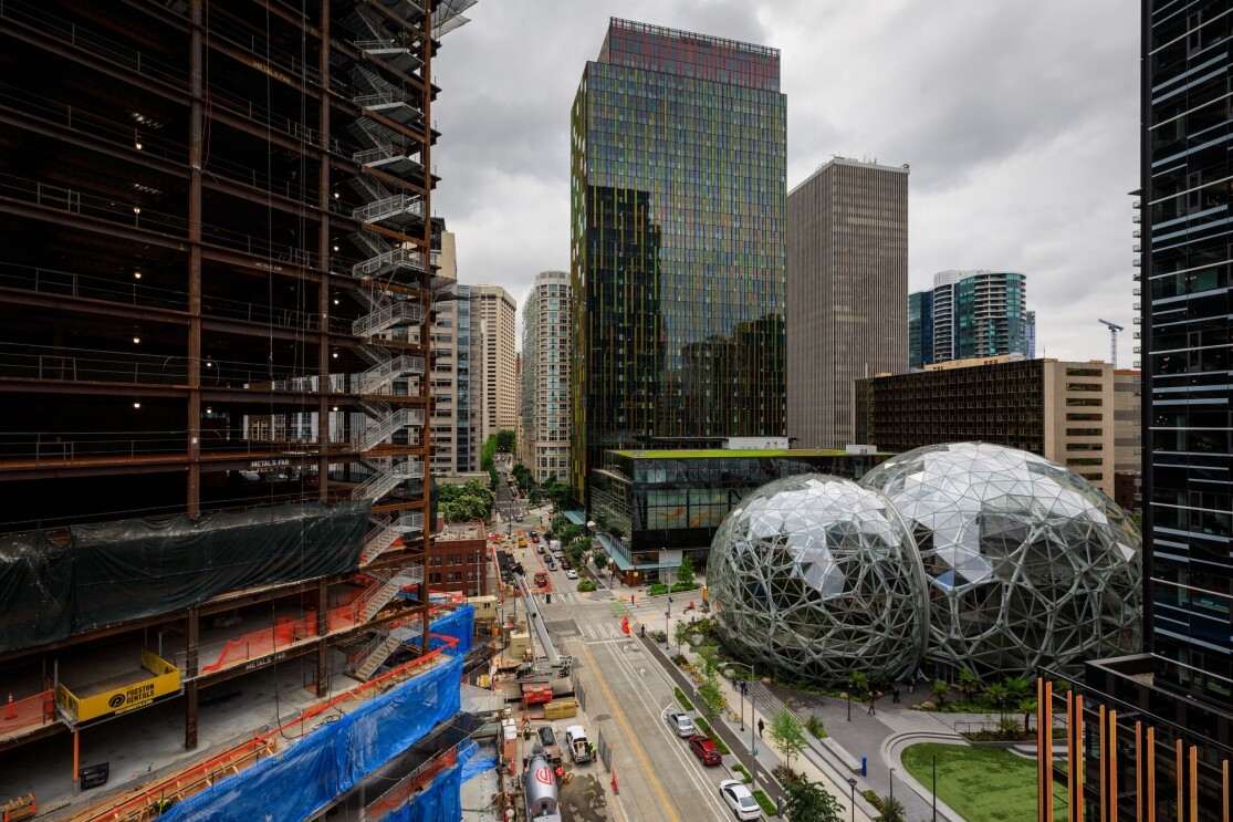 Buildings under construction on Amazon's South Lake Union campus. To the right, Amazon Day One, The Spheres, Amazon Meeting Center and Doppler buildings.