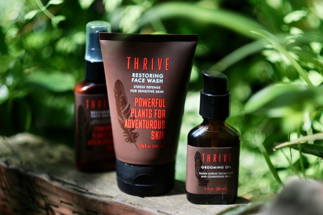 An assortment of Thrive Natural Care shave and skin-care products