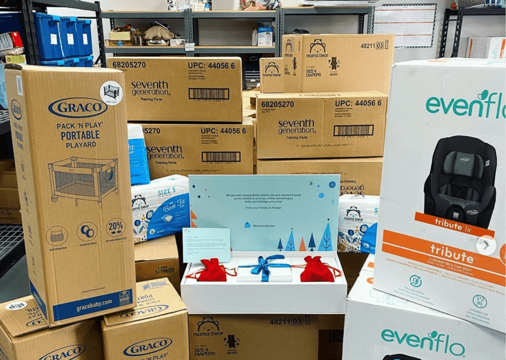 An image of donations Amazon made to on of the charitable organizations selected for its Delivering Smiles program this year.