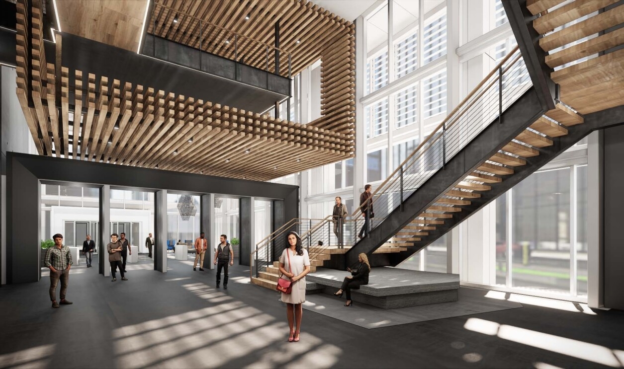 A rendering the stairs at the entrance of the future Amazon office in Nashville.