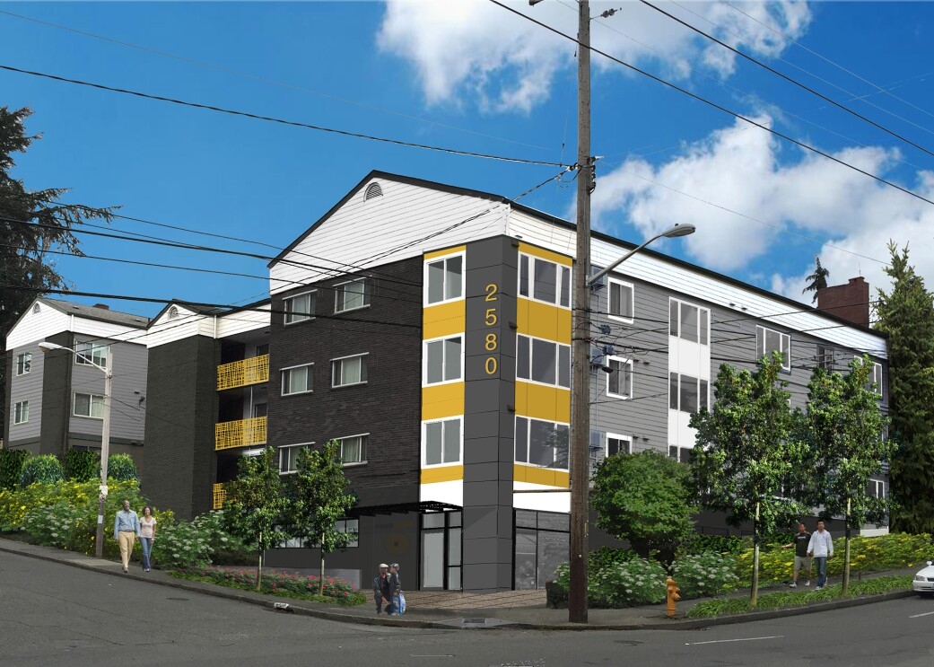 Rendering of a new affordable housing complex in the Puget Sound, funded with support from Amazon's Housing Equity Fund.