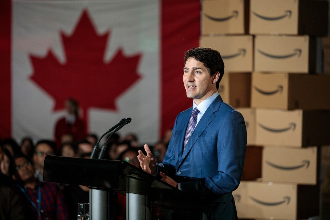 Canadian PM Justin Trudeau announces the creation of 3,000 additional Amazon jobs in Vancouver, British Columbia, Canada on April 30, 2018. 