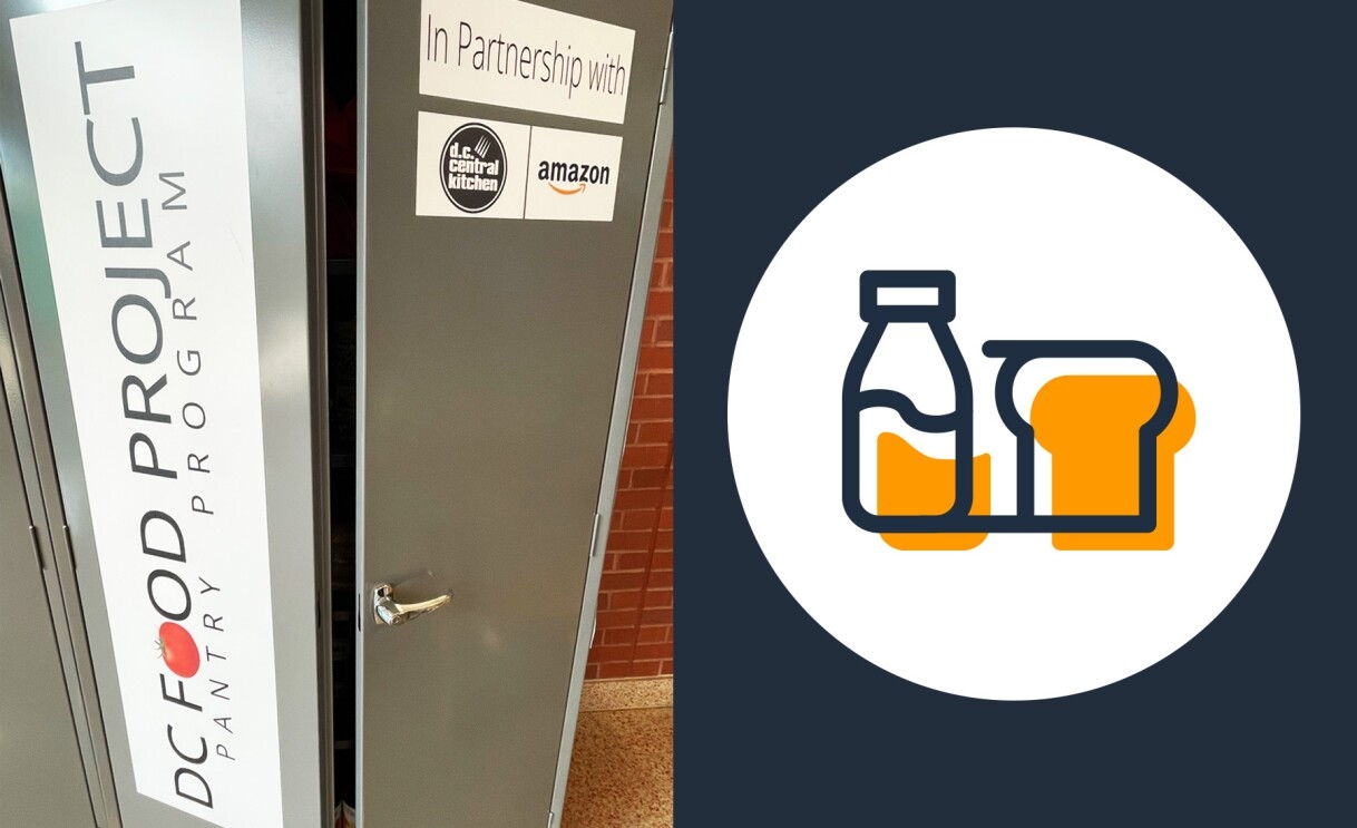 A collage of two images. The one on the right shows an illustration of two food items, and the image on the left is of a cabinet that reads "DC food project pantry program" and "In partnership with D.C. Central Kitchen and Amazon" with both company logos. 