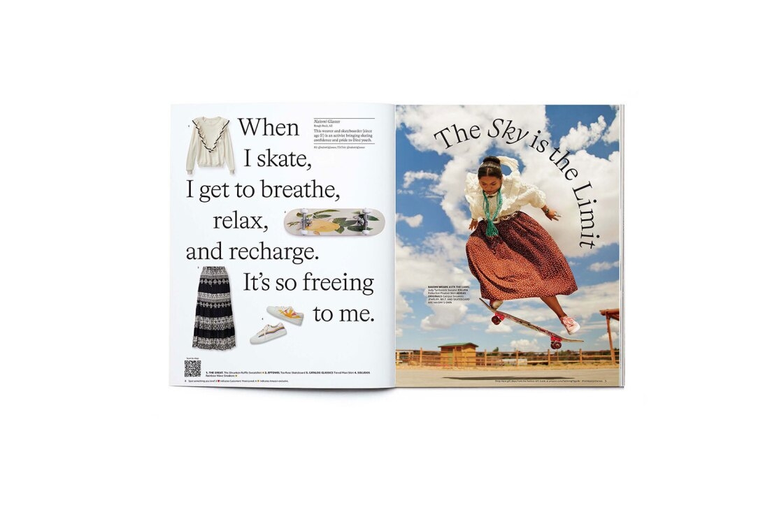 A catalog image of a woman skateboarding. Next to her image is text that reads "When I skate, I get to breathe, relax, recharge. It's so freeing to me."