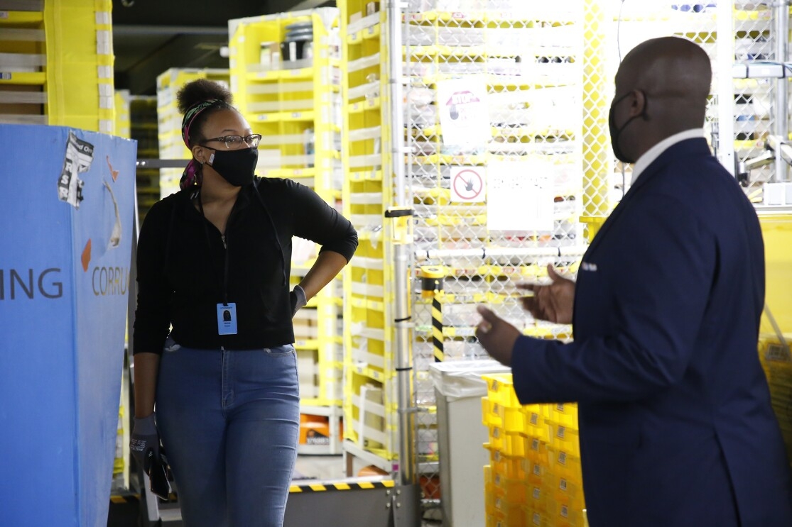 Amazon VP of HR in operations, Ofori Agboka visits a fulfillment center near Detroit to show safety measures taken by the company during the pandemic