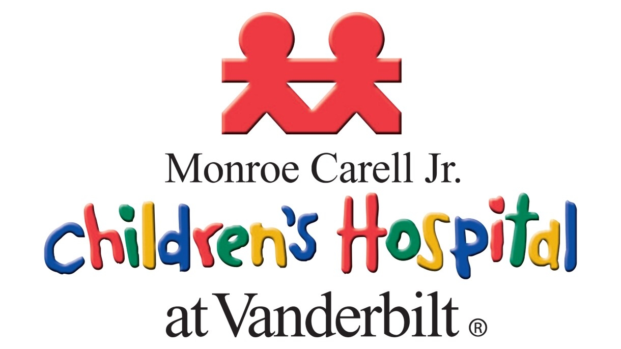 An image of the logo for the Monroe Carell Jr. Children's Hospital at Vanderbilt. The top of the logo shows a red cutout of two paper dolls holding hands. 