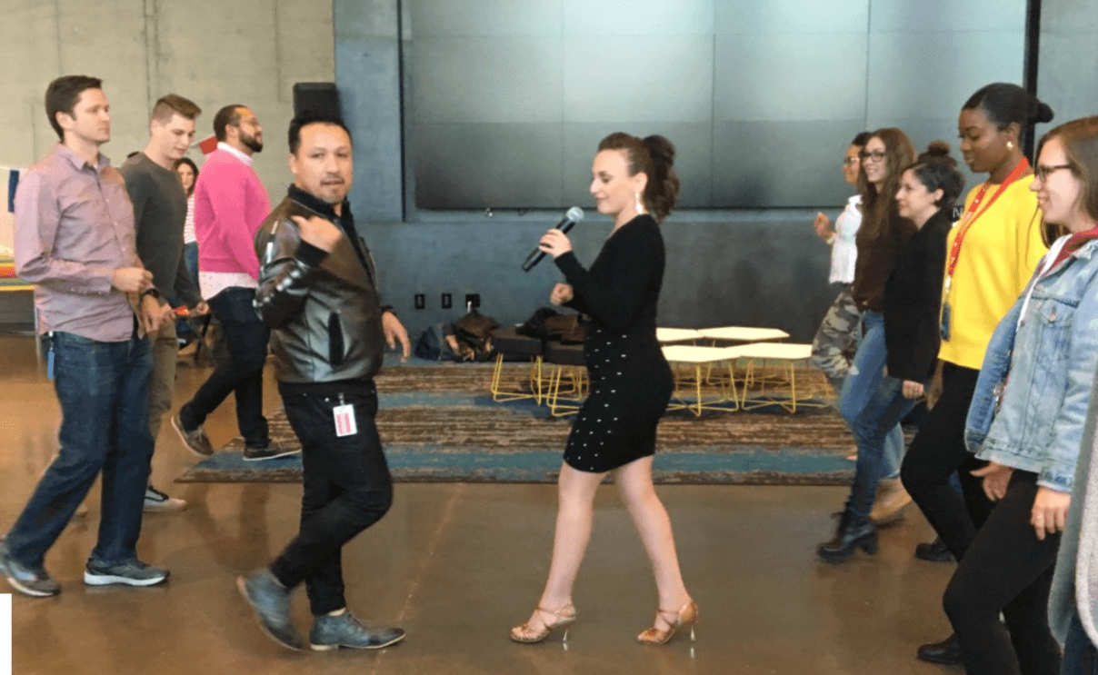 A photo of a Latin dance class at Amazon's Hispanic Heritage Month celebration in 2019.