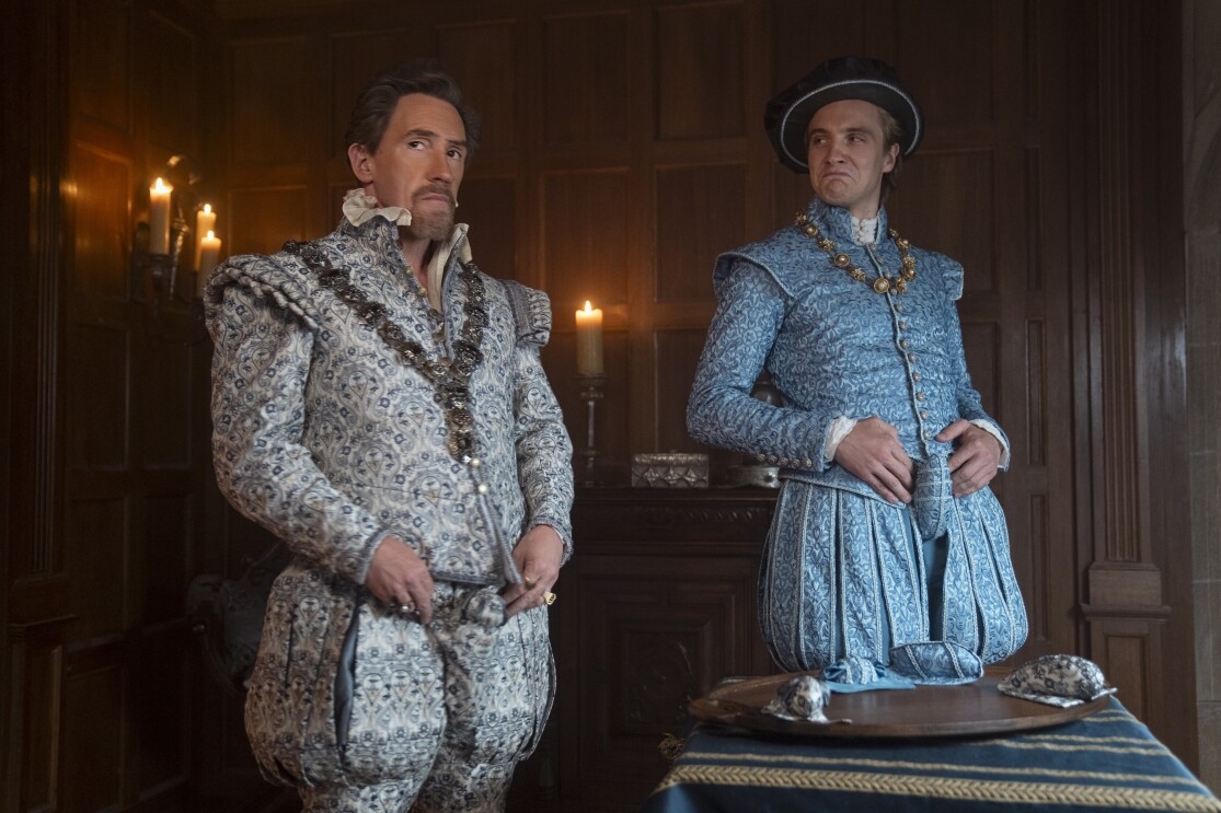 Rob Brydon as Lord Dudley and Henry Ashton as Stan Dudley in 'My Lady Jane' on Prime Video