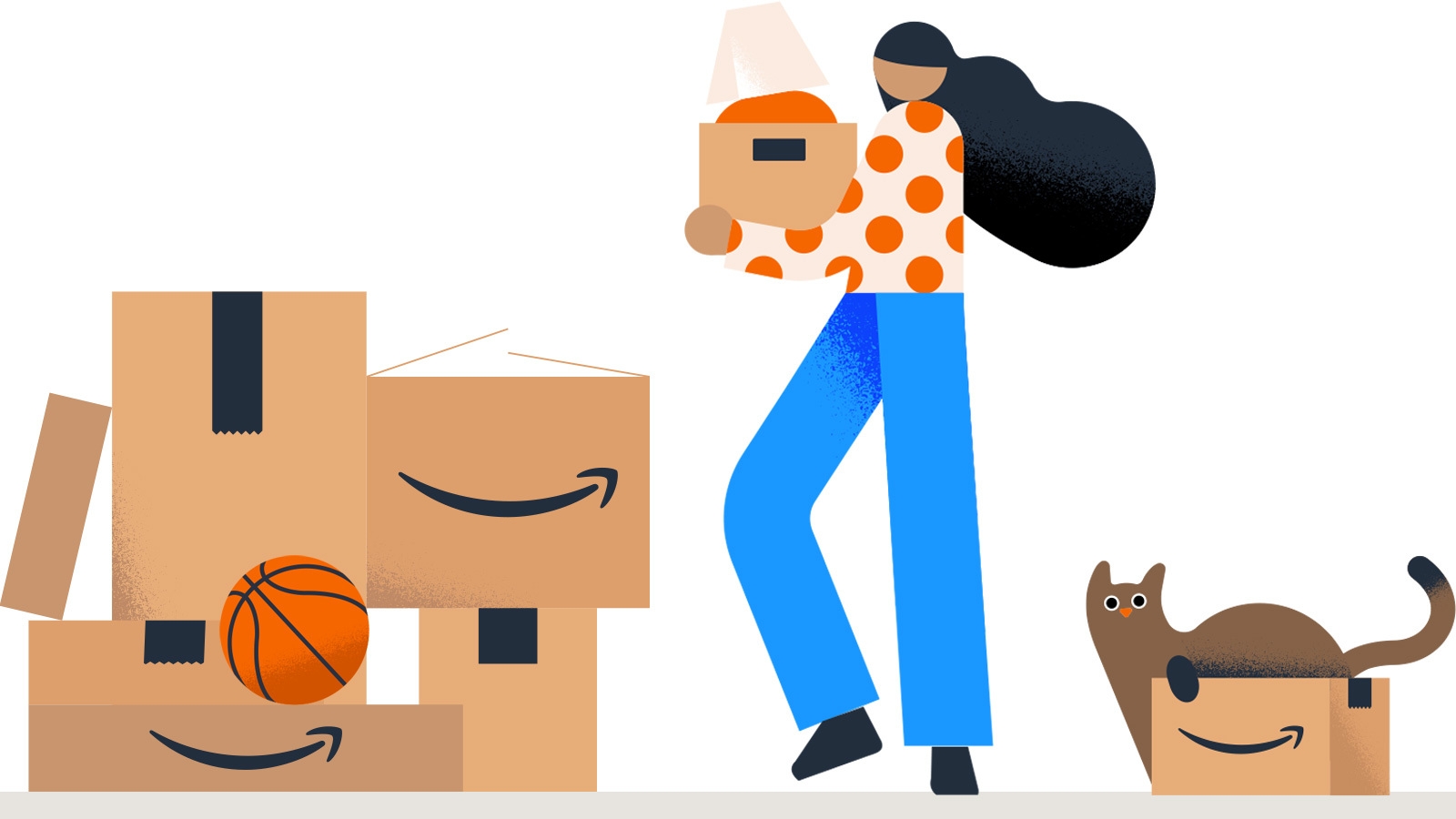 An illustration of a person packing up Amazon boxes with household items.